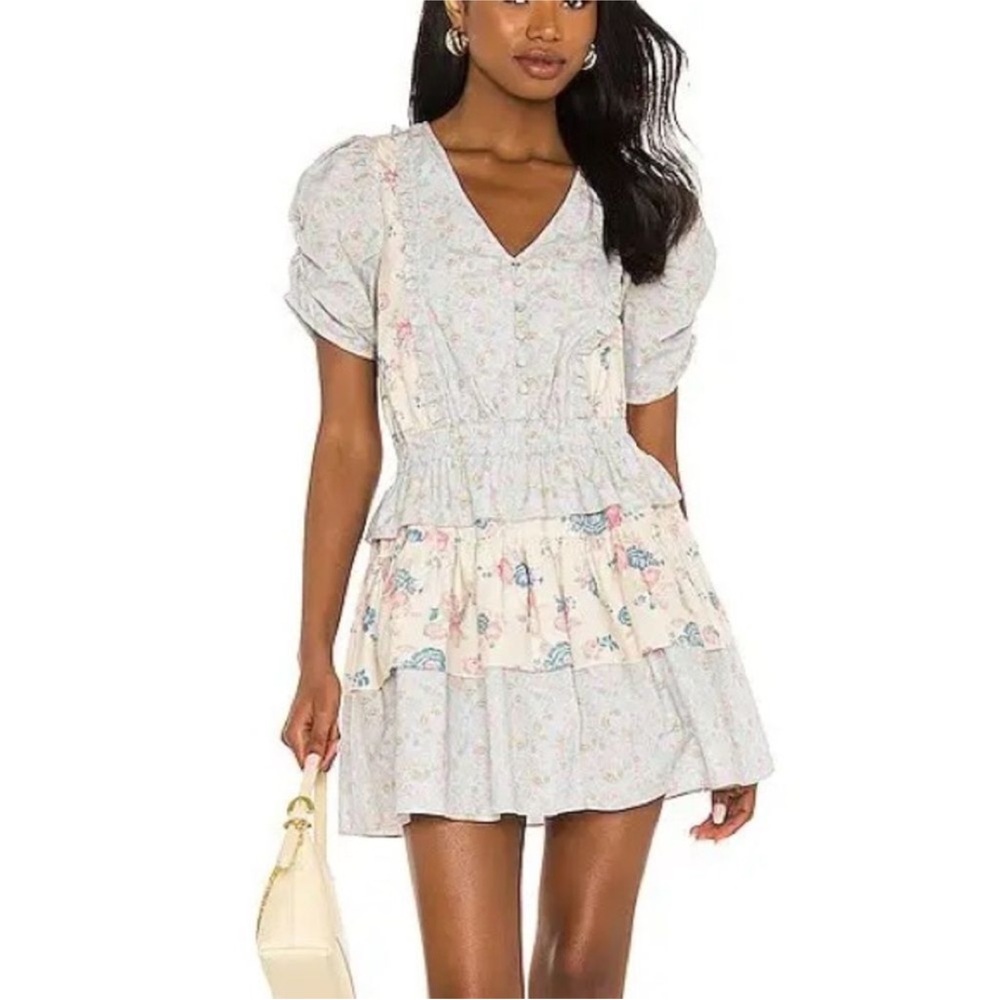 LoveShackFancy Cream Floral Tiered Mini Dress with Pastel Blue and Pink